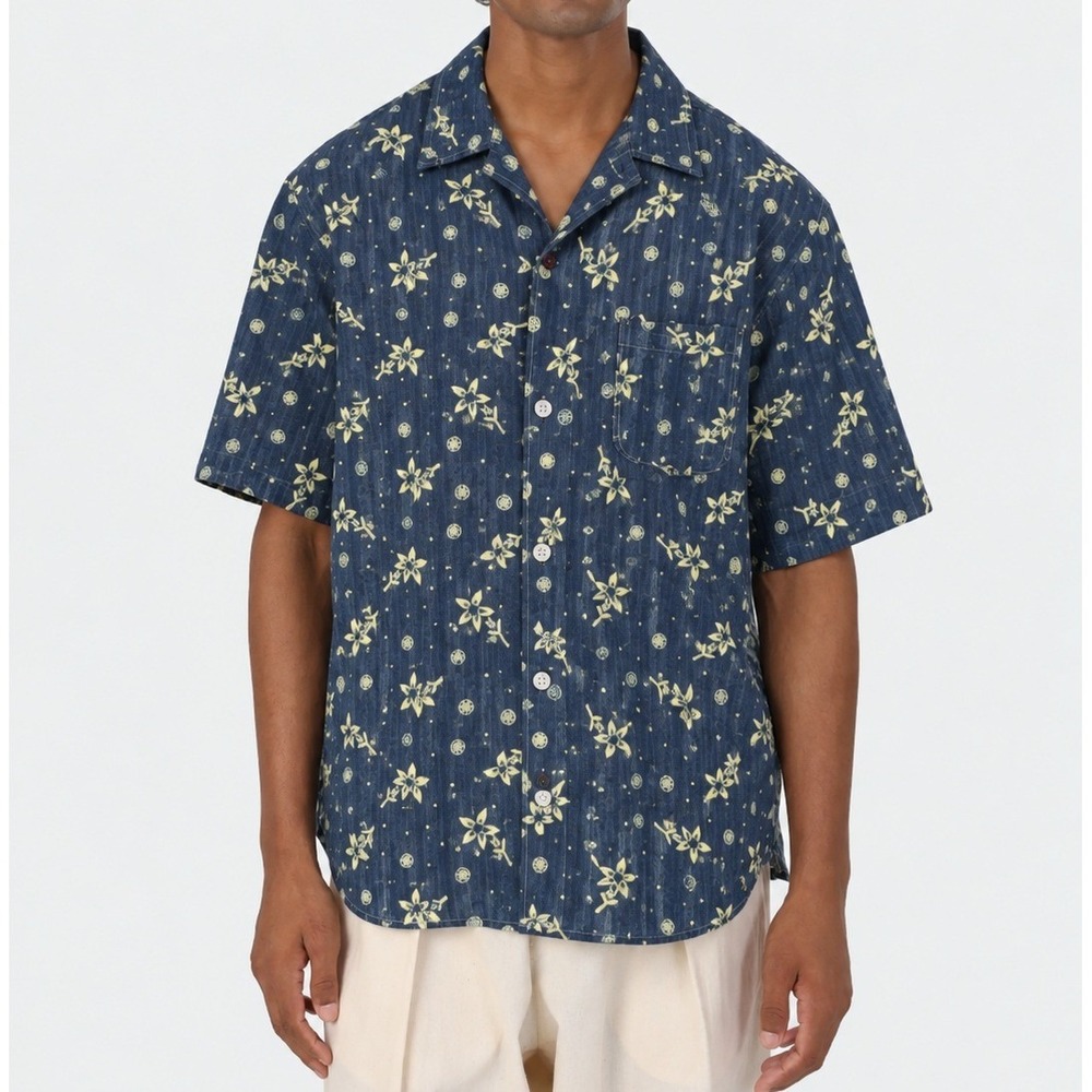 Kardo Blue Floral Ronen Relaxed Fit Camp Collar Short Sleeve Shirt Cotton Large